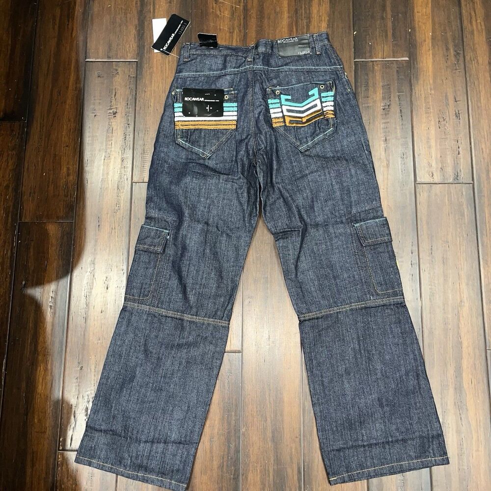 NWT Rocawear Baggy Utility Cargo Jeans Y2K Tribal Embroidered Teen Size 16
